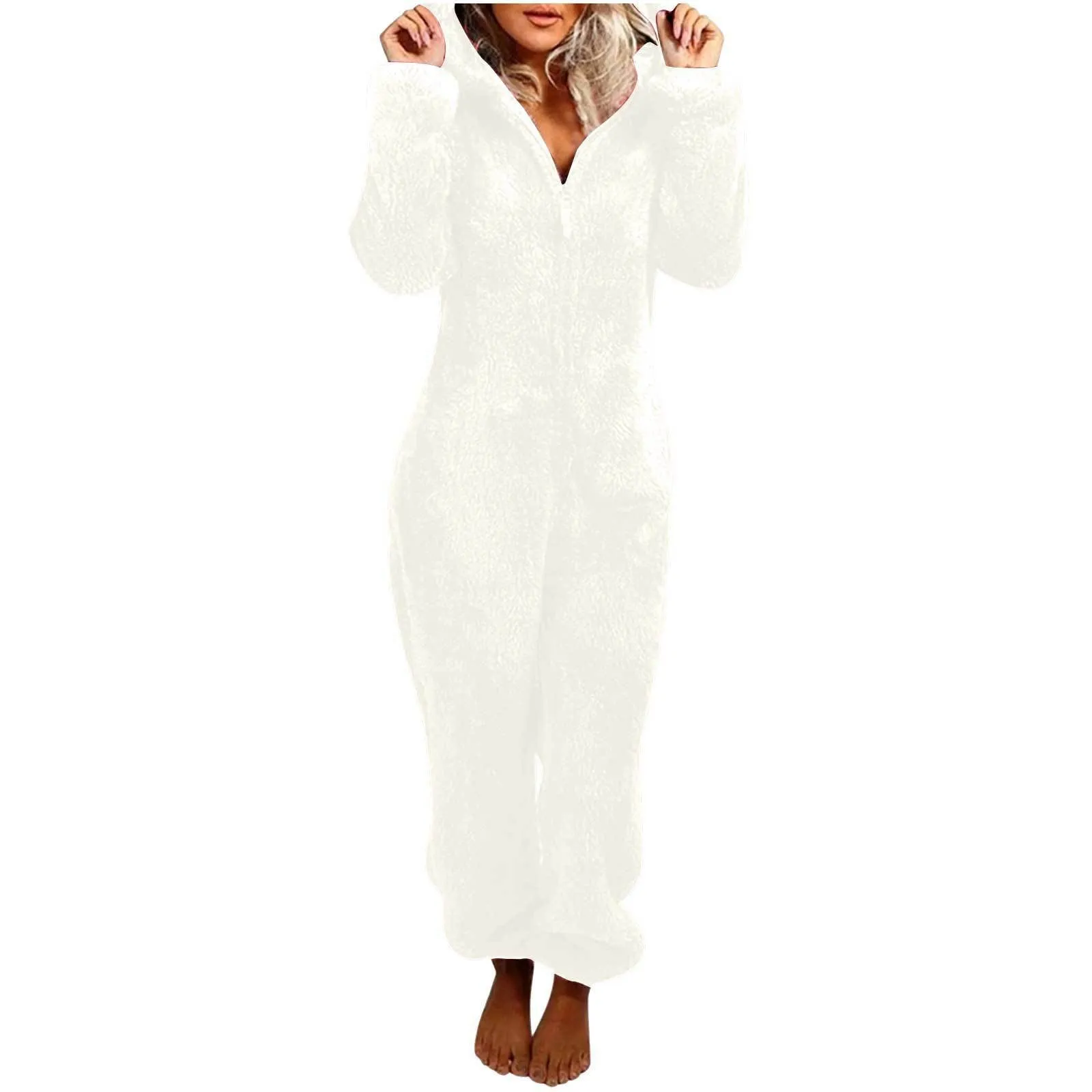 Fleece-lined thickened furry hooded jumpsuit pajama with zipper, loose fit, warm red colour lounging on bed