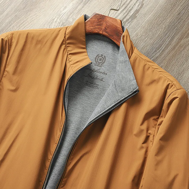 Man wearing a simple stand collar casual jacket in army green, showing the regular fit and cotton lining.