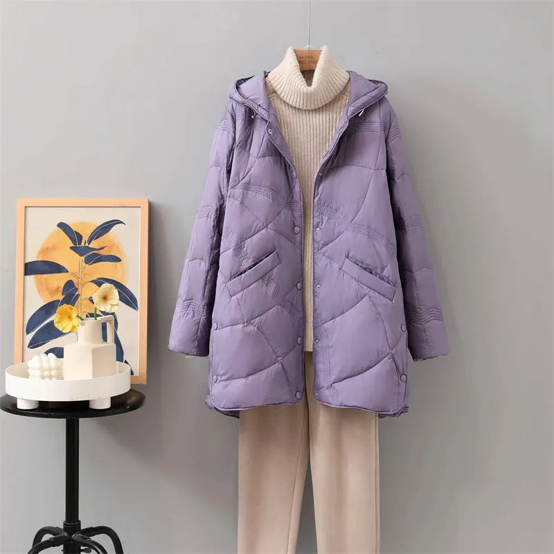 Women's warm loose fit single-breasted white duck down jacket in seven colours, sizes S to L