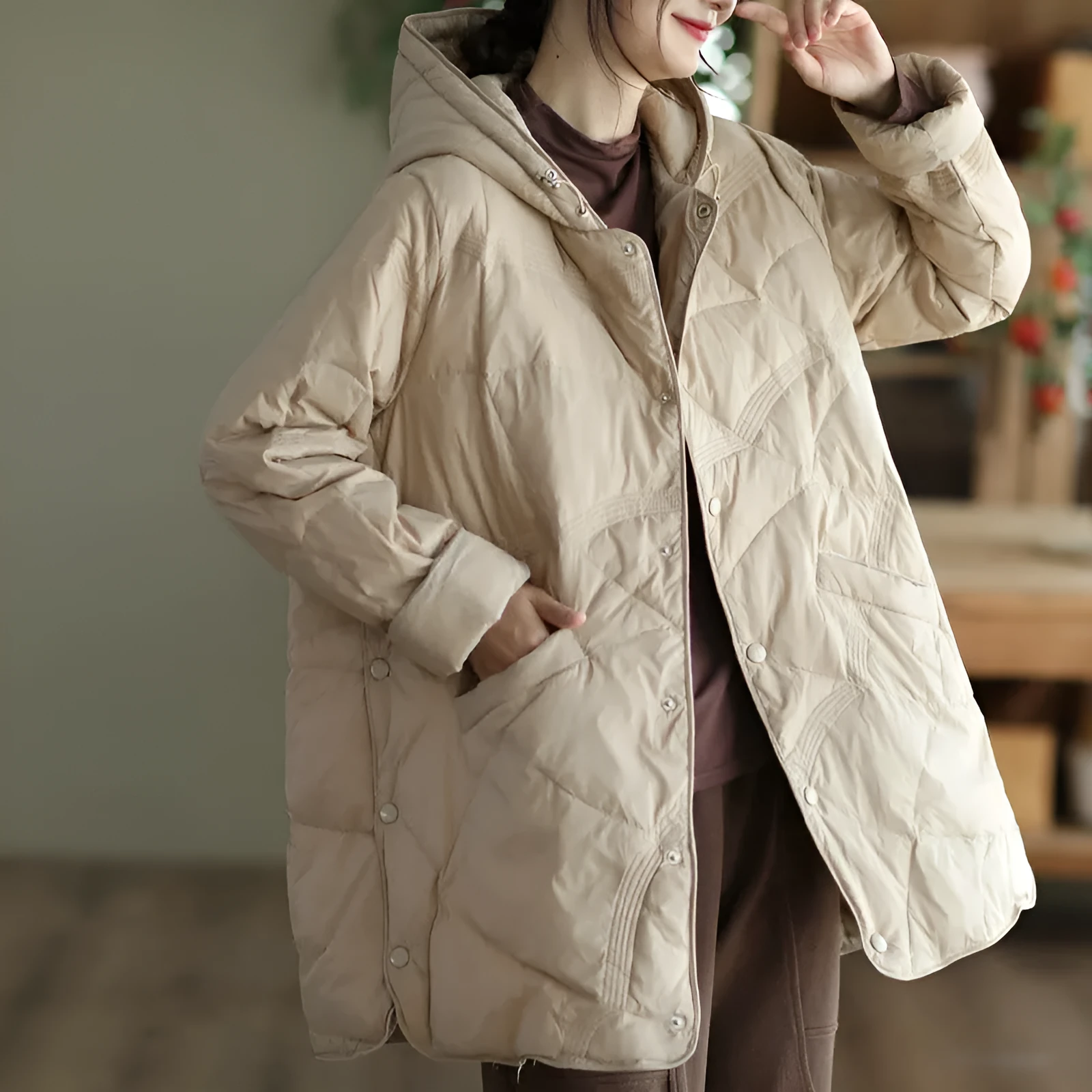 Women's warm loose fit single-breasted white duck down jacket in seven colours, sizes S to L
