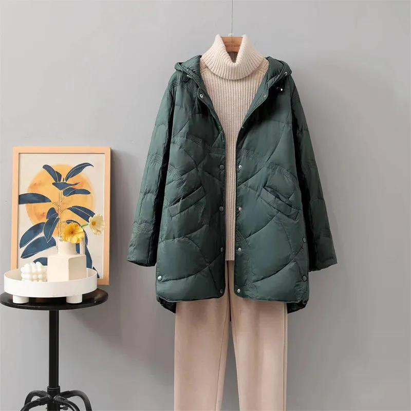 Women's warm loose fit single-breasted white duck down jacket in seven colours, sizes S to L
