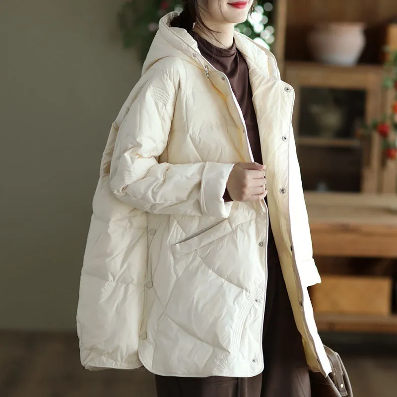 Women's warm loose fit single-breasted white duck down jacket in seven colours, sizes S to L