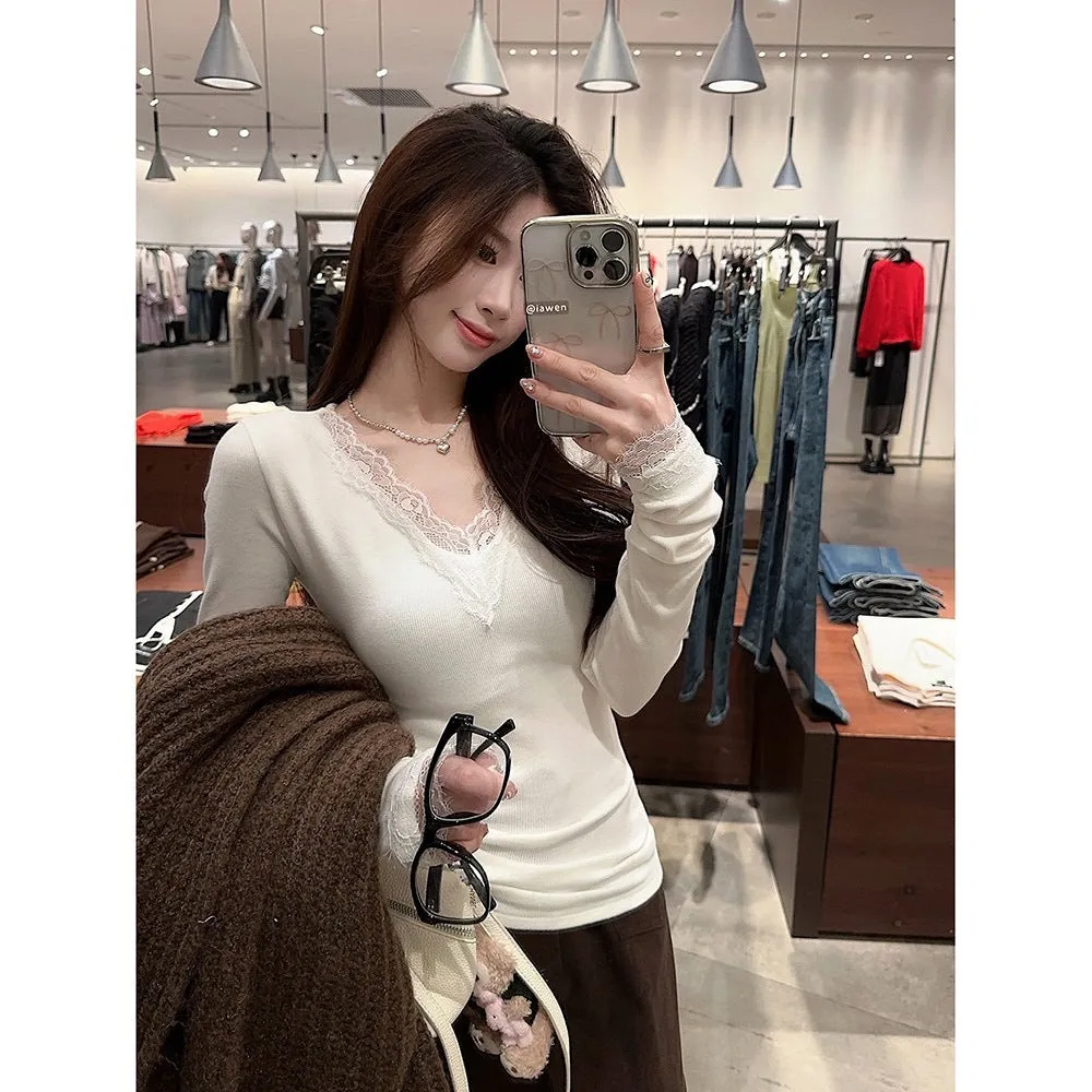 White V-neck Dralon lace stitching brushed long sleeve top for women, slim fit polyester knit