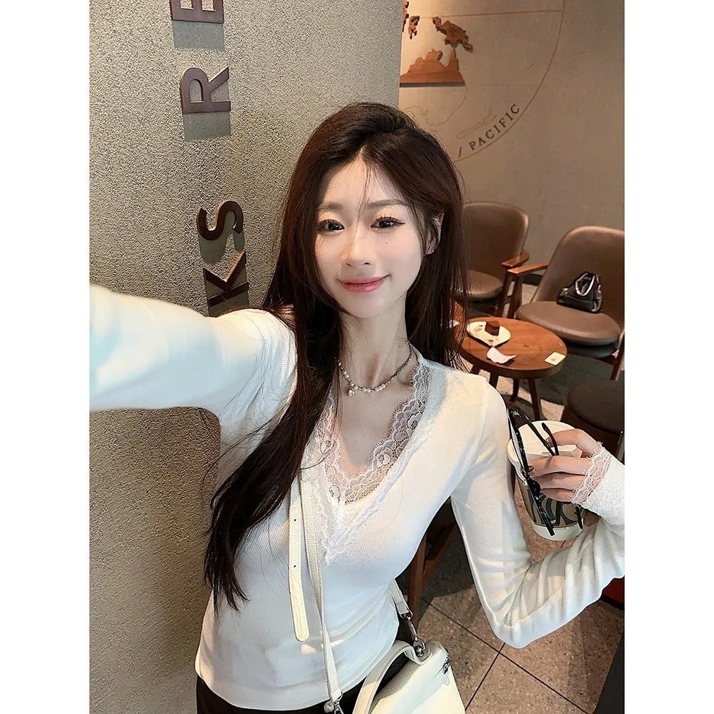 White V-neck Dralon lace stitching brushed long sleeve top for women, slim fit polyester knit