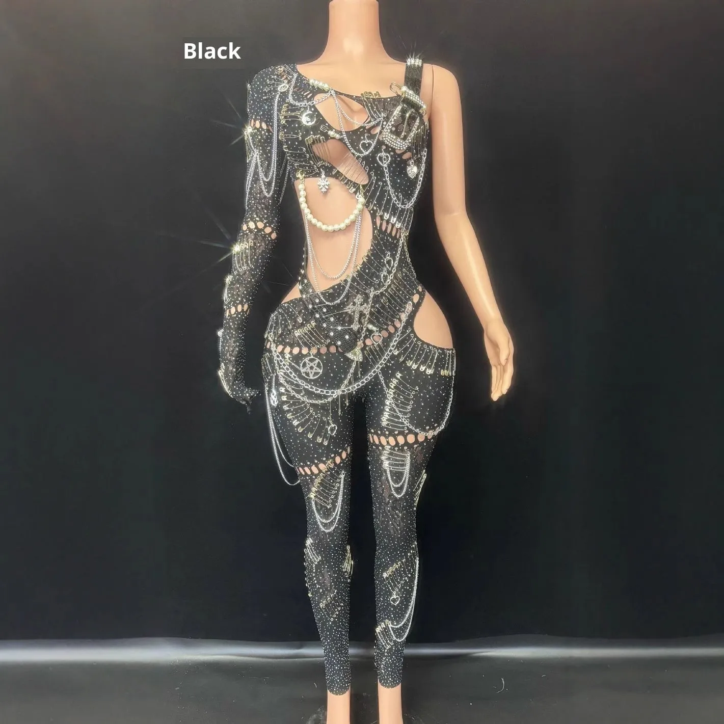 Women's cutout pearl chain sequin jumpsuit in spandex, long sleeve cropped pants, red colour