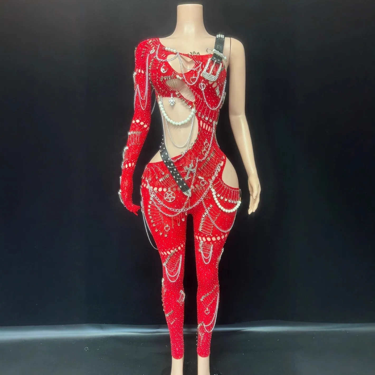 Women's cutout pearl chain sequin jumpsuit in spandex, long sleeve cropped pants, red colour