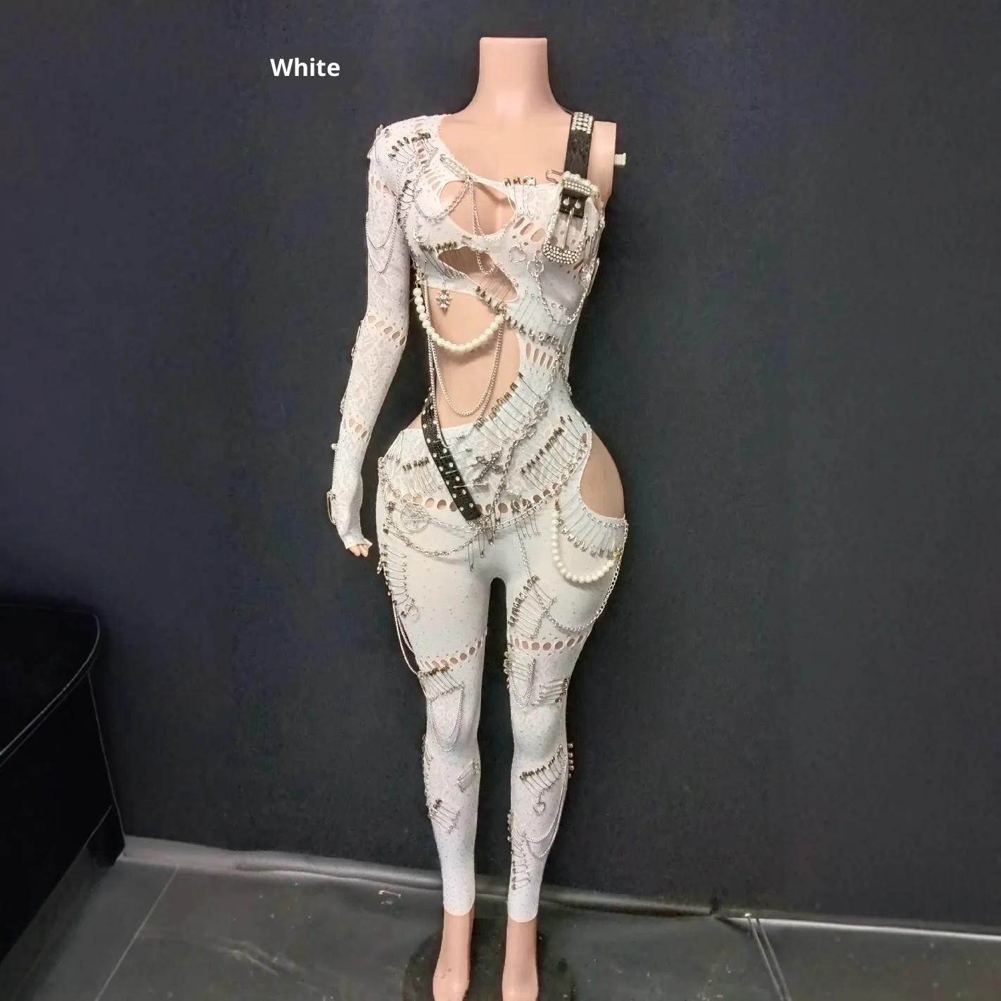 Women's cutout pearl chain sequin jumpsuit in spandex, long sleeve cropped pants, red colour