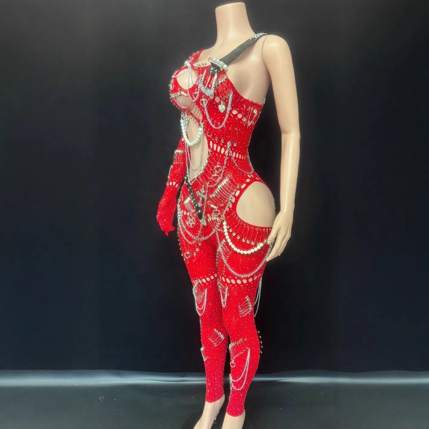 Women's cutout pearl chain sequin jumpsuit in spandex, long sleeve cropped pants, red colour