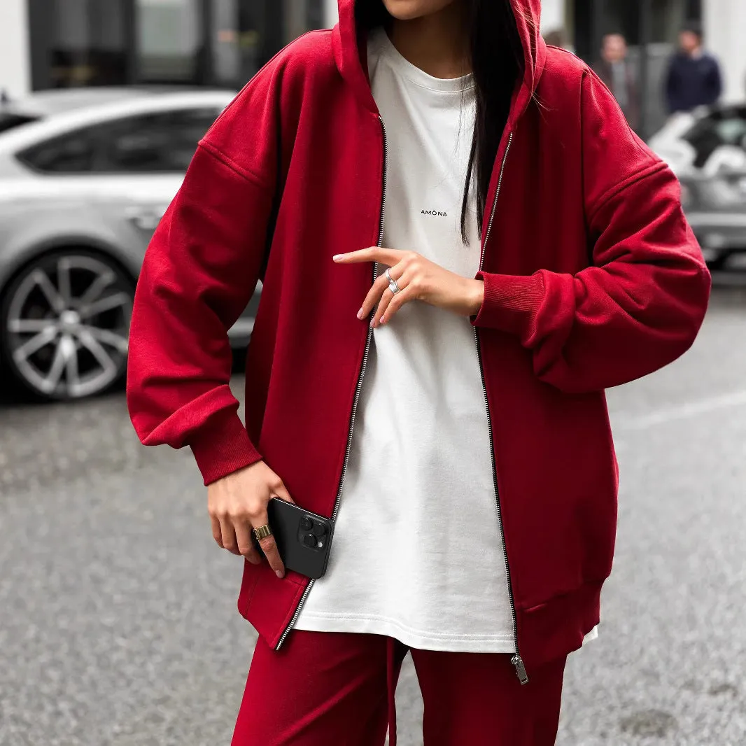 Red loose fit long sleeve coat and trousers two-piece women's street style set