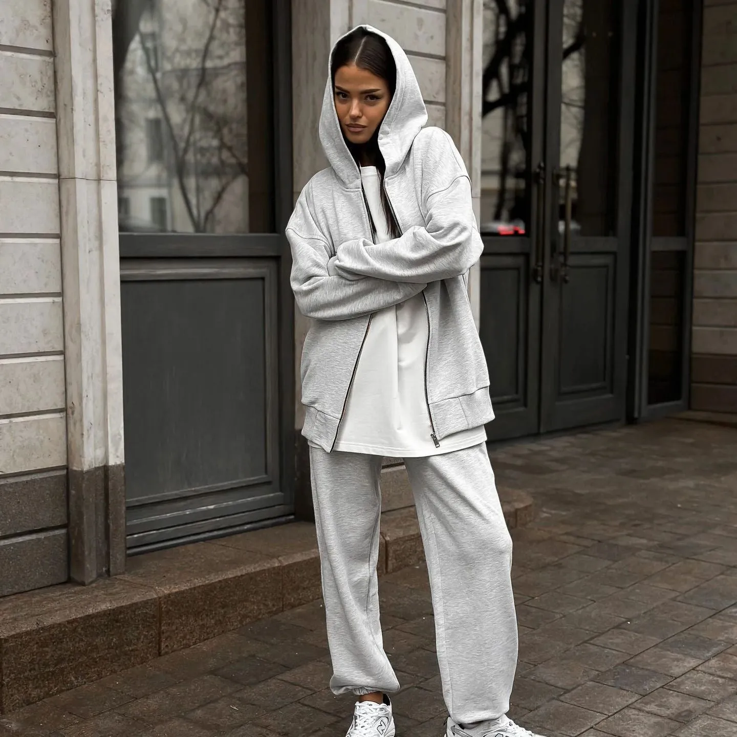 Red loose fit long sleeve coat and trousers two-piece women's street style set