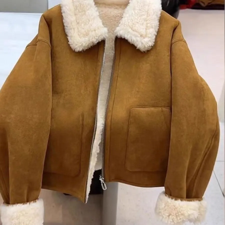 Warm thickened imitation lamb wool deerskin velvet leather jacket for women with faux fur collar and pockets in brown