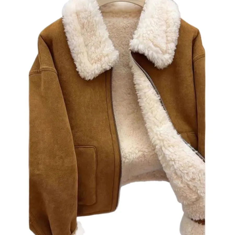 Warm thickened imitation lamb wool deerskin velvet leather jacket for women with faux fur collar and pockets in brown