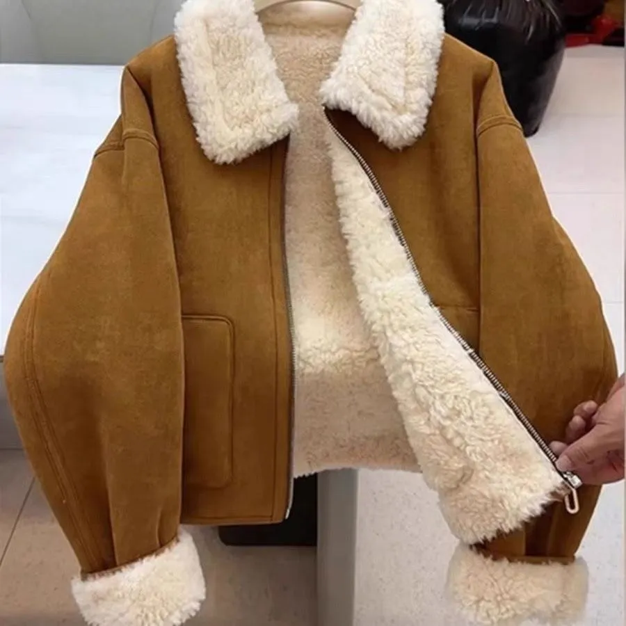 Warm thickened imitation lamb wool deerskin velvet leather jacket for women with faux fur collar and pockets in brown