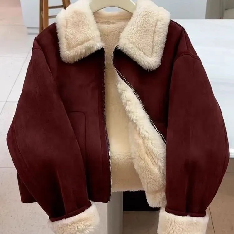 Warm thickened imitation lamb wool deerskin velvet leather jacket for women with faux fur collar and pockets in brown