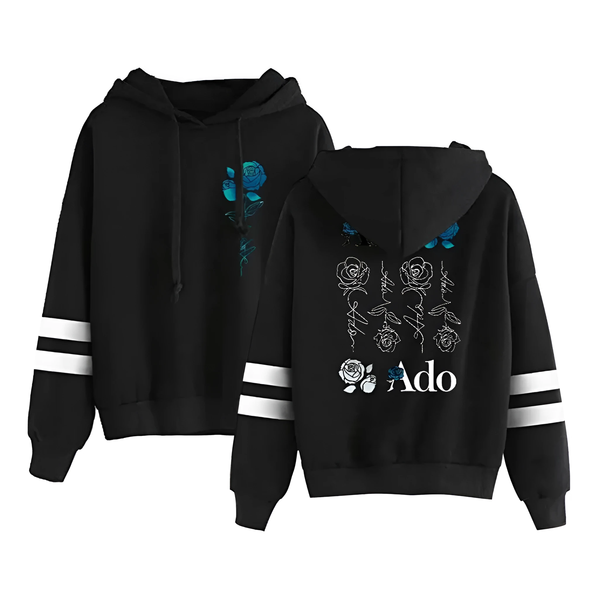 Black polyester printed hoodie with half-sleeve shrug cut, fresh and sweet style, casual all-matching top