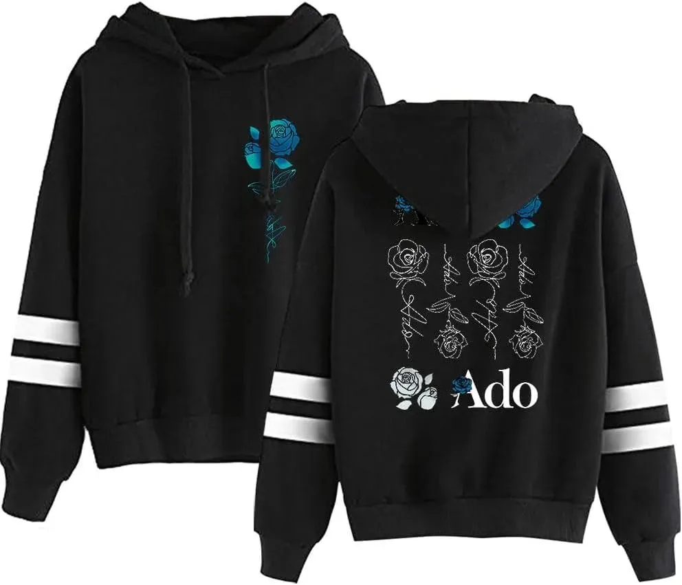 Black polyester printed hoodie with half-sleeve shrug cut, fresh and sweet style, casual all-matching top