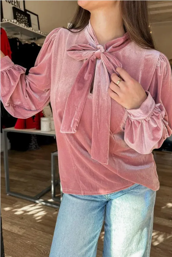 Fuchsia solid colour velvet ribbon bow knot long sleeve blouse for women, pink polyester top