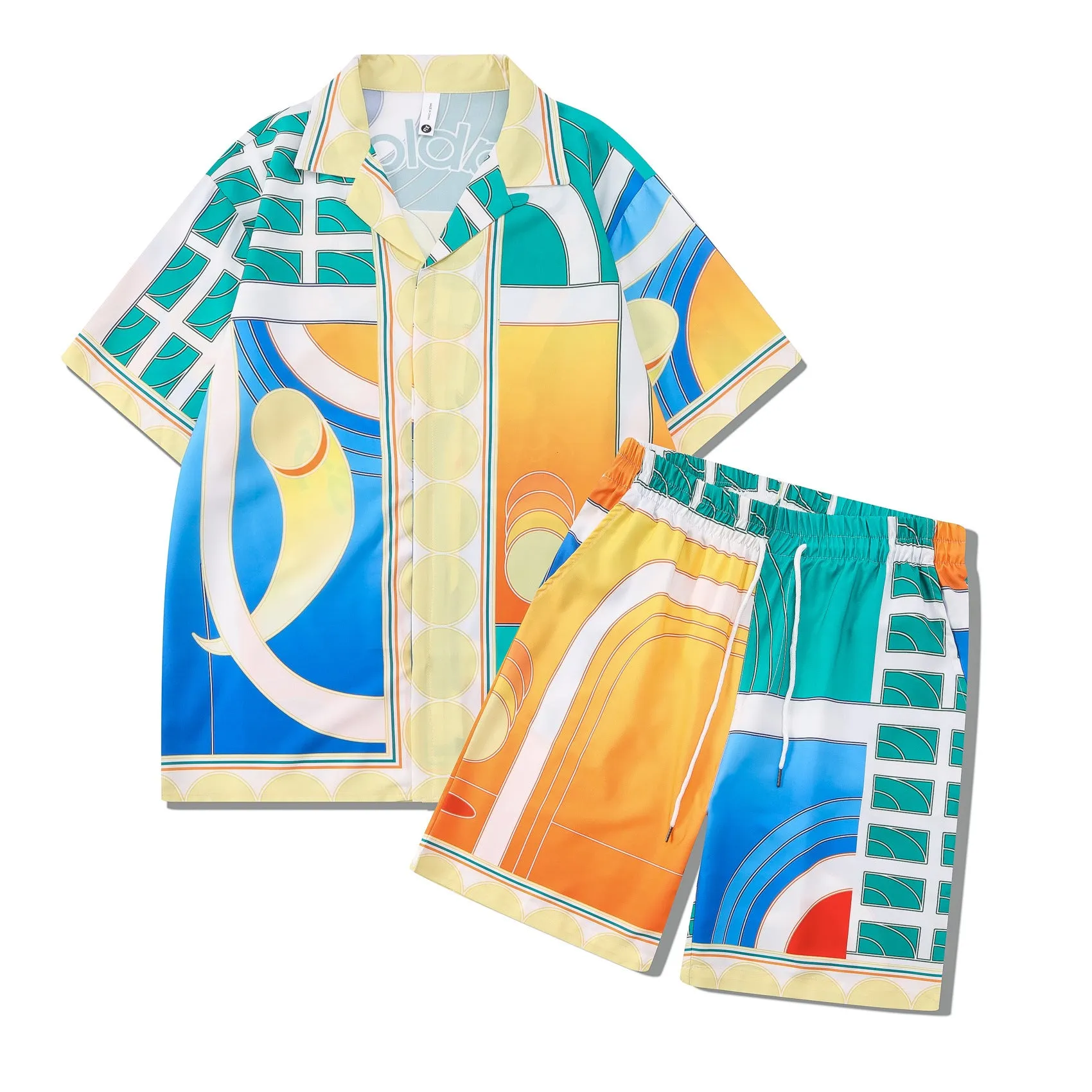 Men's plaid short sleeve beach outfit with matching trousers in European American style