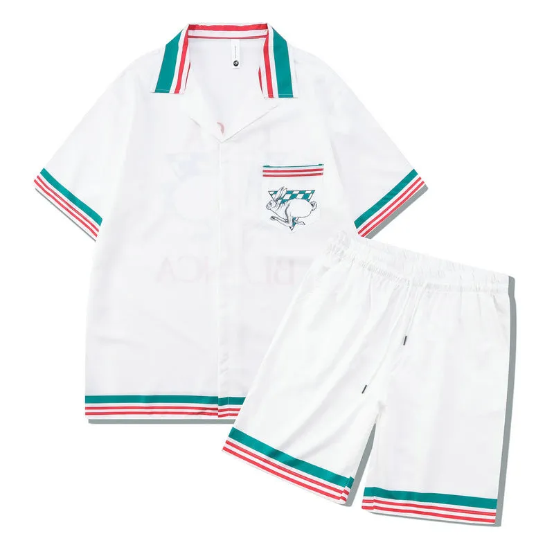 Men's plaid short sleeve beach outfit with matching trousers in European American style