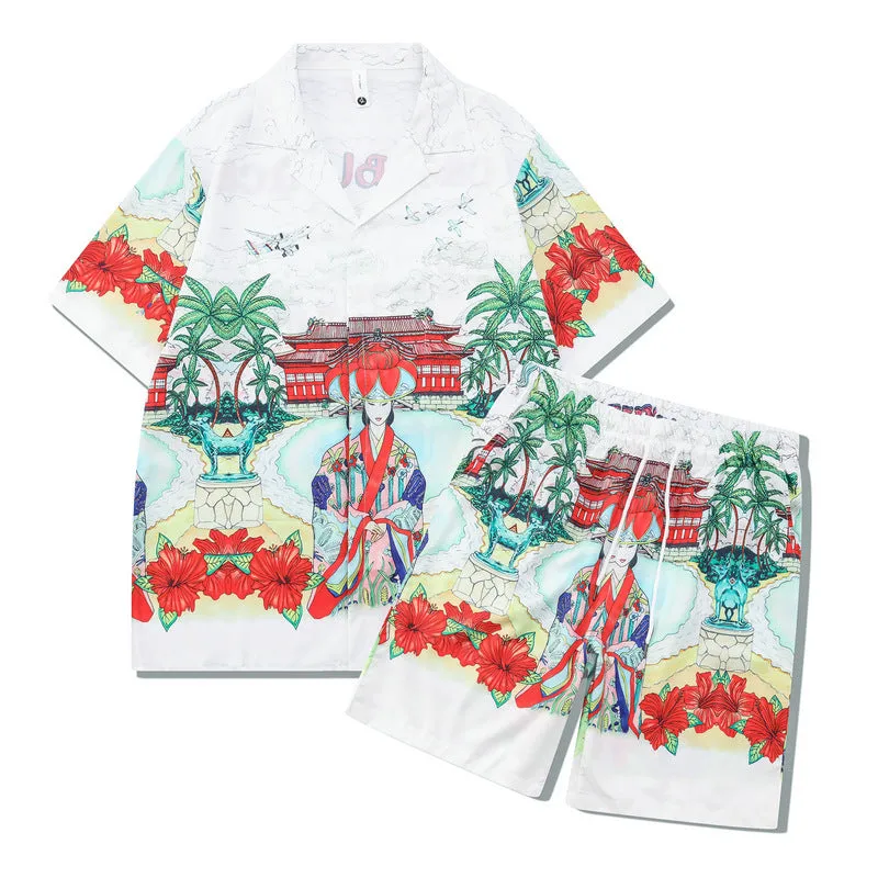 Men's plaid short sleeve beach outfit with matching trousers in European American style