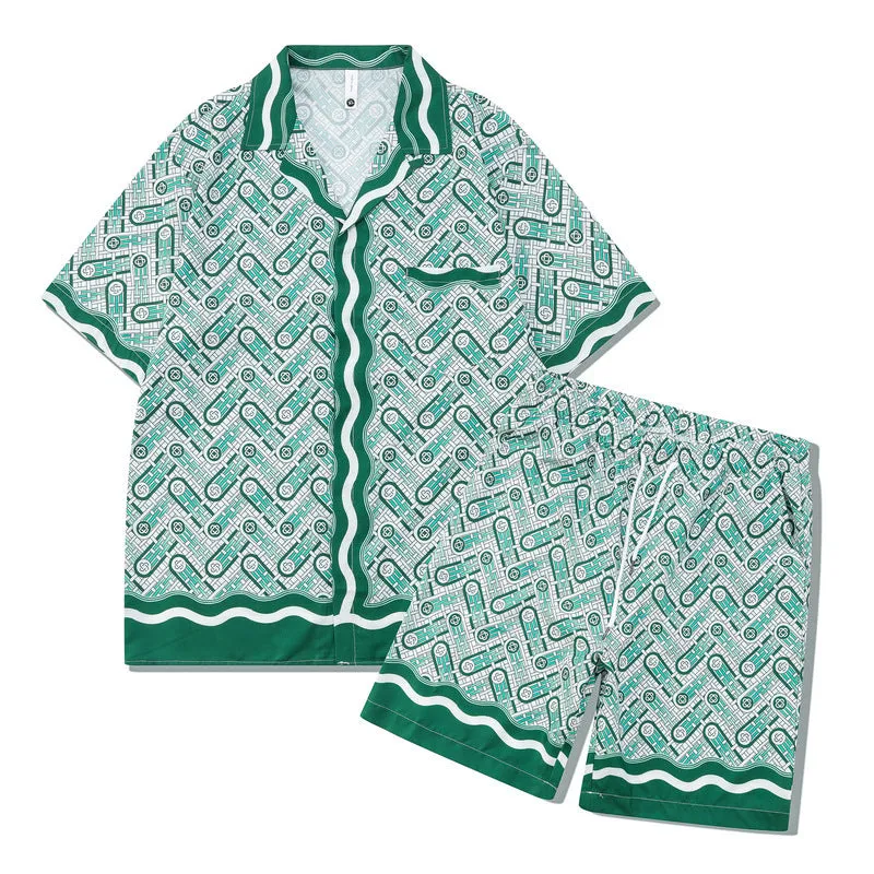 Men's plaid short sleeve beach outfit with matching trousers in European American style