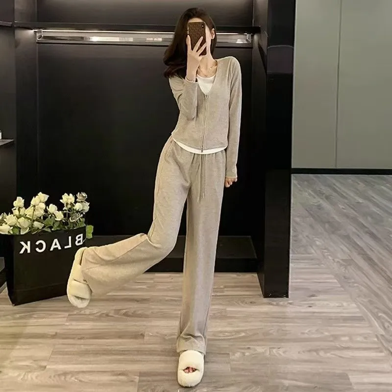 Women's autumn casual sportswear suit solid colour long-sleeve top and jogger trousers three-dimensional decoration