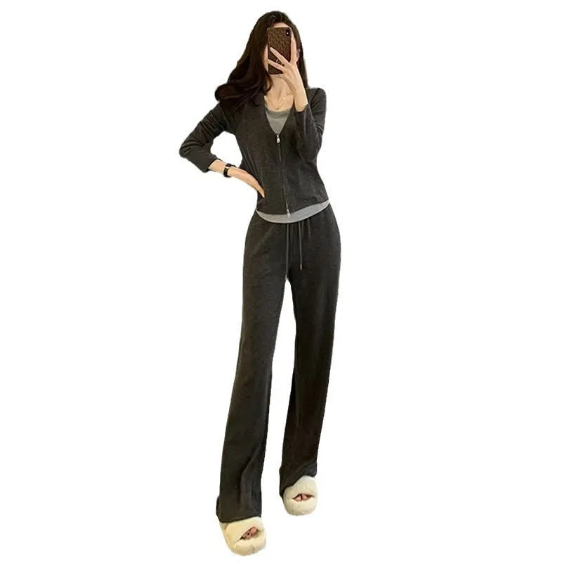 Women's autumn casual sportswear suit solid colour long-sleeve top and jogger trousers three-dimensional decoration