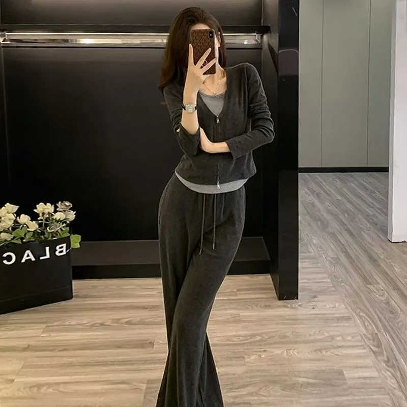 Women's autumn casual sportswear suit solid colour long-sleeve top and jogger trousers three-dimensional decoration