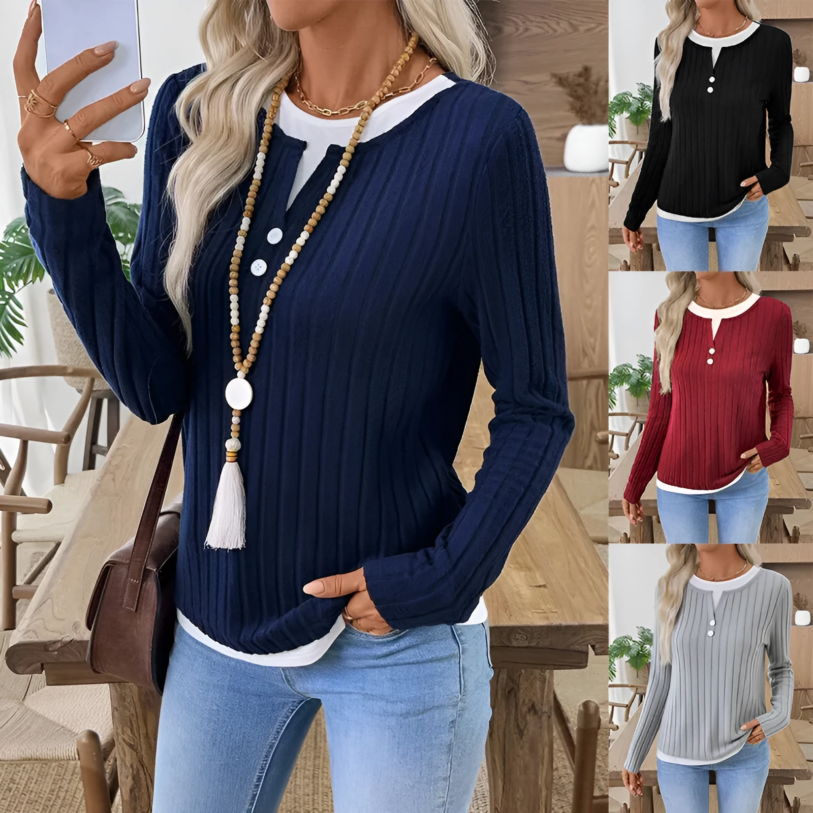 Women's two-piece style pullover sweater in concave stripe polyester with round neck button detail