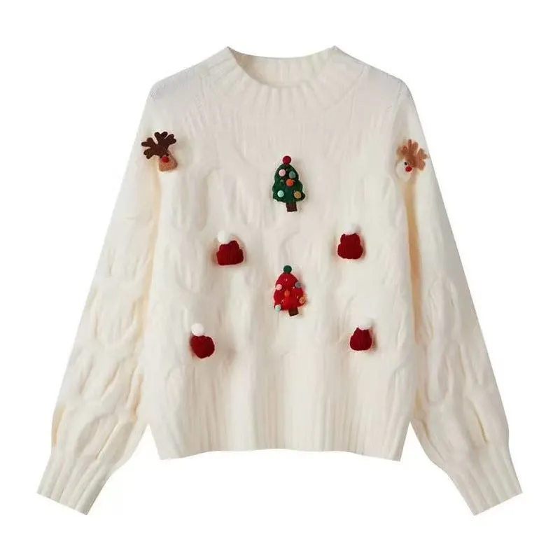 Western style loose slimming sweater top in white with long sleeves and pullover design