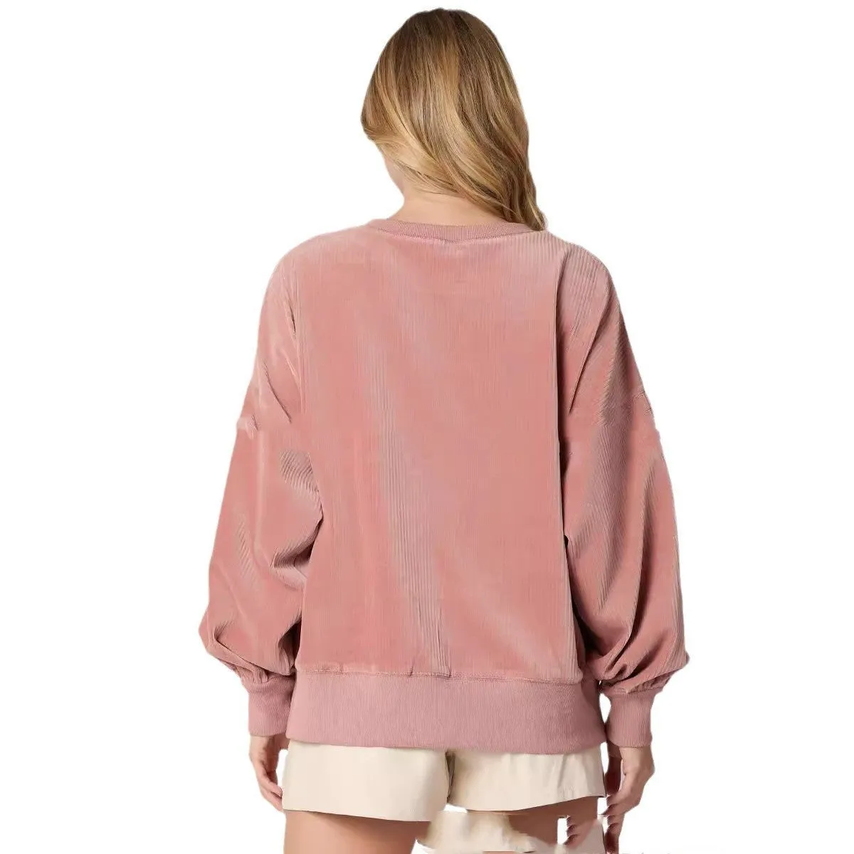 Pumpkin cake sequined round neck loose pullover sweater in rose colour with long sleeves