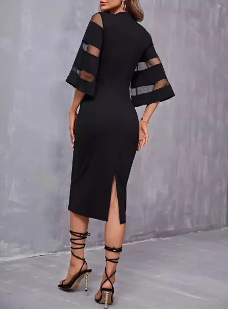 Women's high waist polyester dress with round neck in black and claret, available in sizes S to 3XL front view
