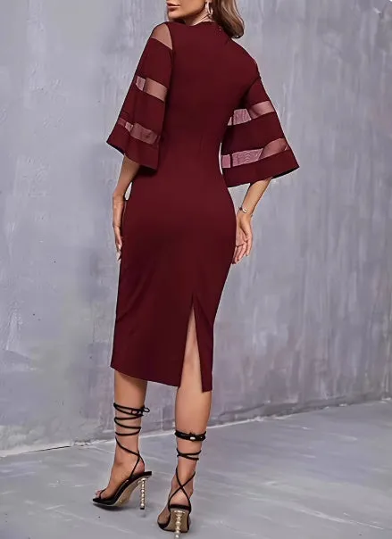 Women's high waist polyester dress with round neck in black and claret, available in sizes S to 3XL front view