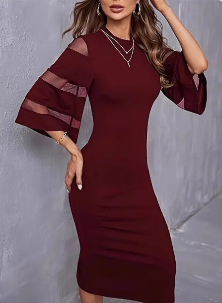 Women's high waist polyester dress with round neck in black and claret, available in sizes S to 3XL front view