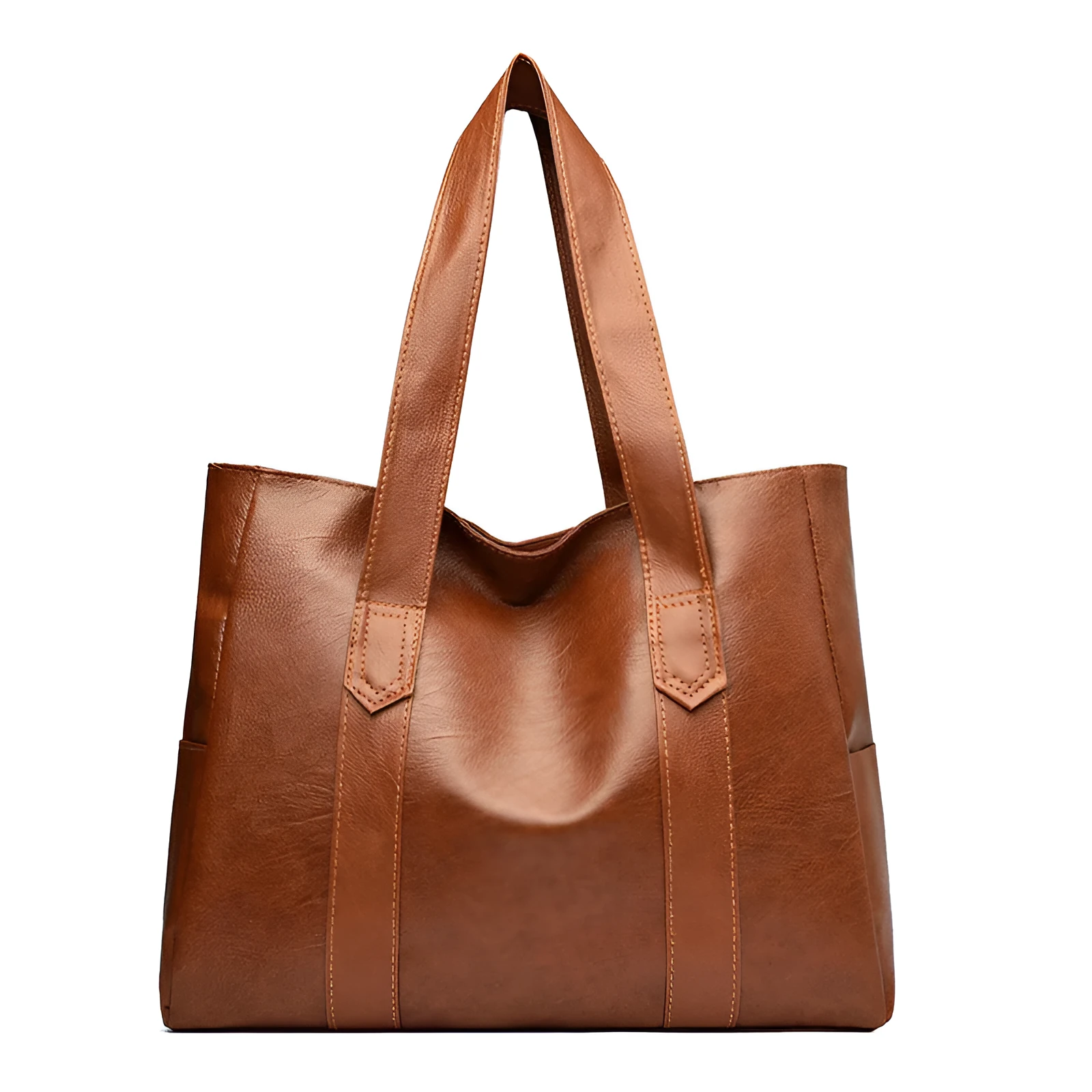 Retro soft PU tote handbag in yellowish brown with double shoulder straps and horizontal square shape