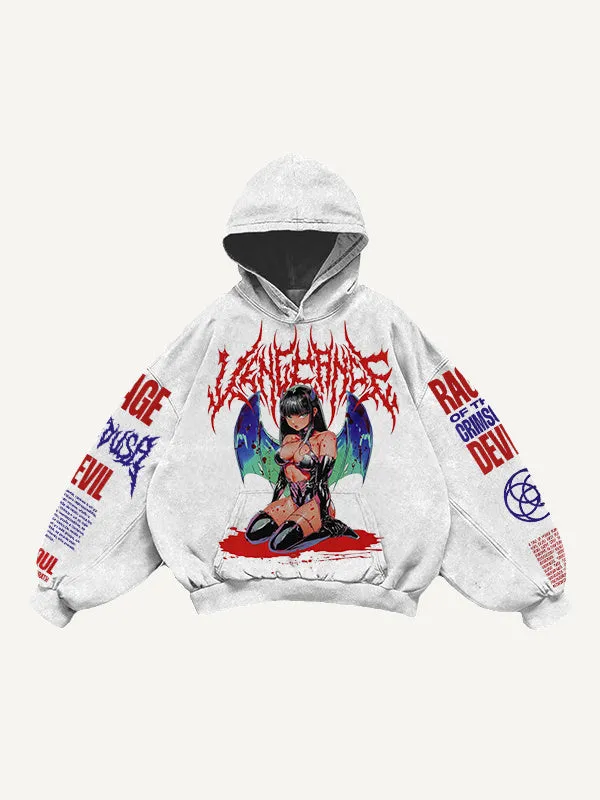 Men's printed hooded loose retro sweatshirt in black with long sleeves and hood