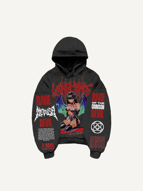 Men's printed hooded loose retro sweatshirt in black with long sleeves and hood