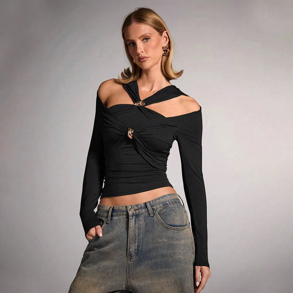 Black women's halter top with shoulder-baring design and long sleeves