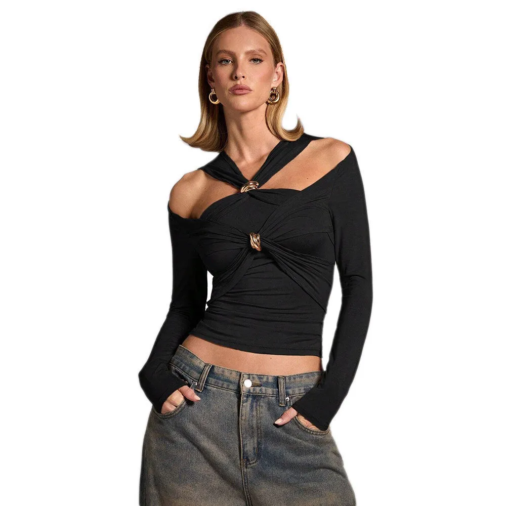 Black women's halter top with shoulder-baring design and long sleeves