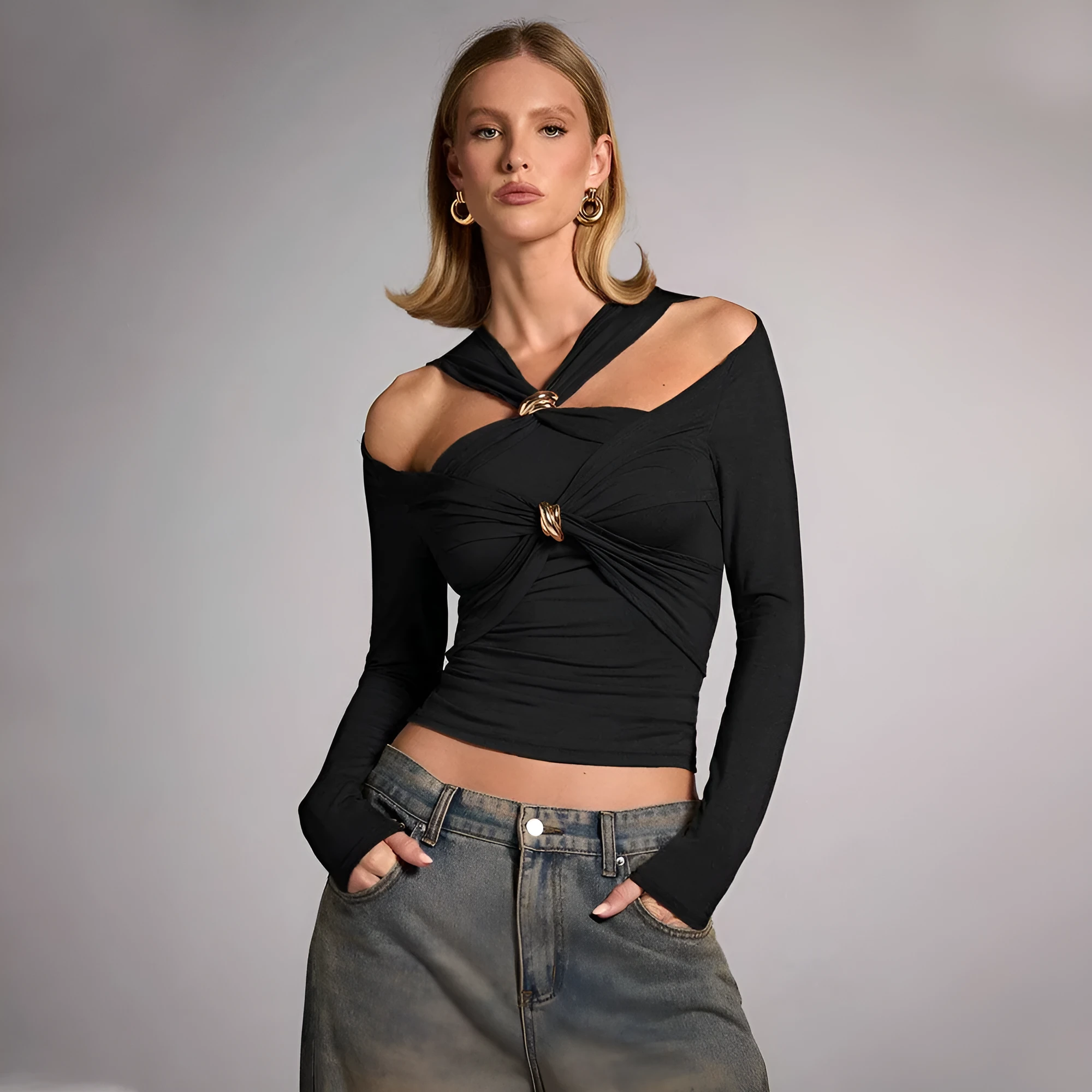 Black women's halter top with shoulder-baring design and long sleeves