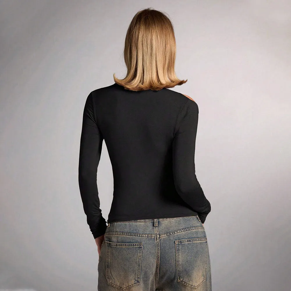 Black women's halter top with shoulder-baring design and long sleeves