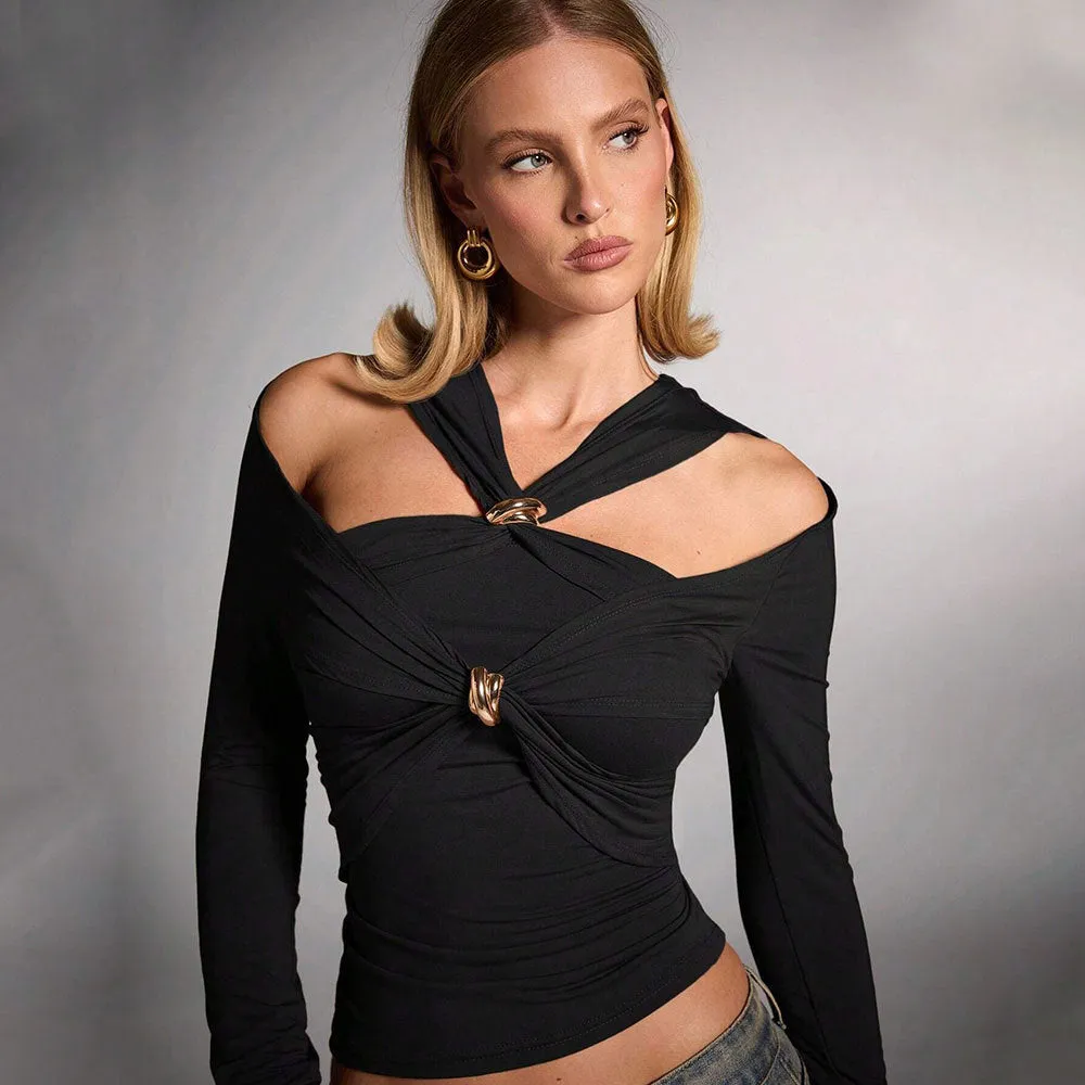 Black women's halter top with shoulder-baring design and long sleeves