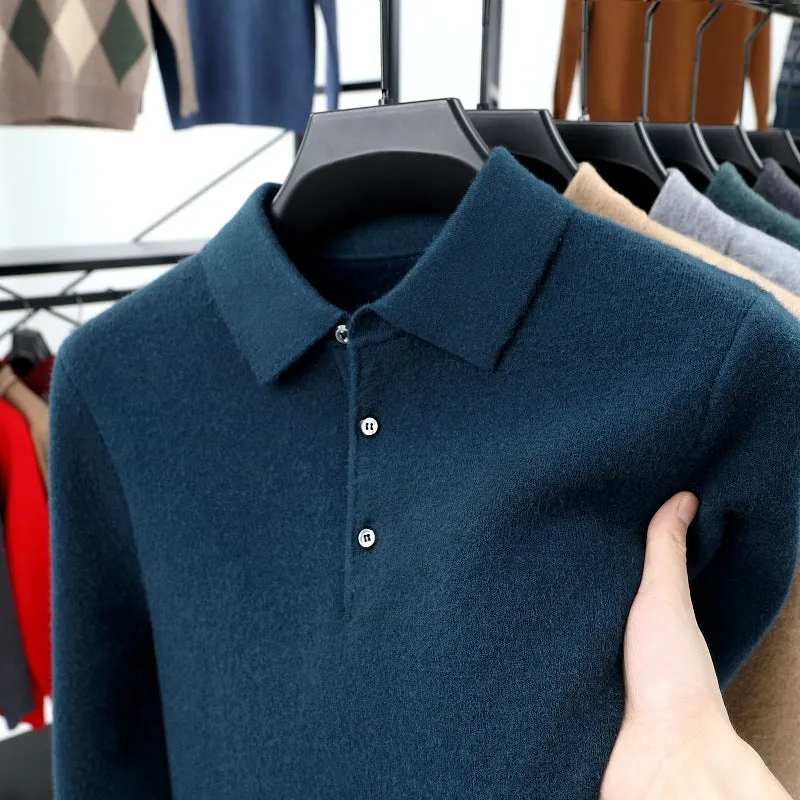 Men's turn-over collar polo shirt knitwear in fancy twill camel colour long sleeve pullover