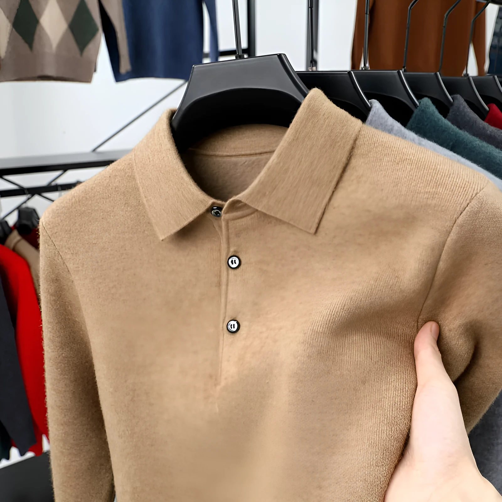 Men's turn-over collar polo shirt knitwear in fancy twill camel colour long sleeve pullover