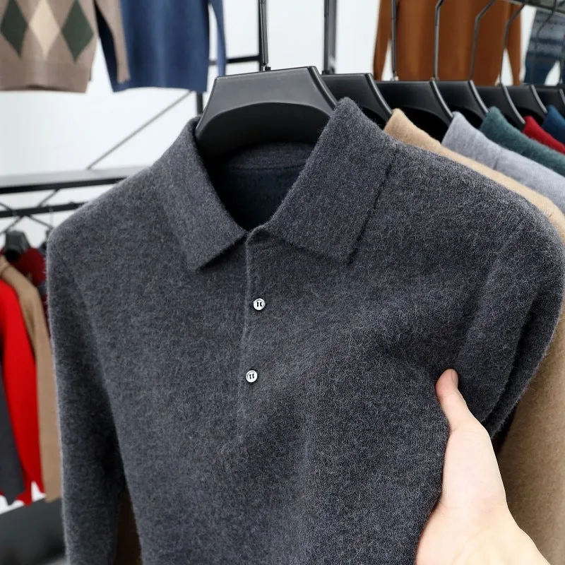 Men's turn-over collar polo shirt knitwear in fancy twill camel colour long sleeve pullover
