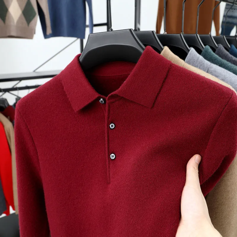 Men's turn-over collar polo shirt knitwear in fancy twill camel colour long sleeve pullover