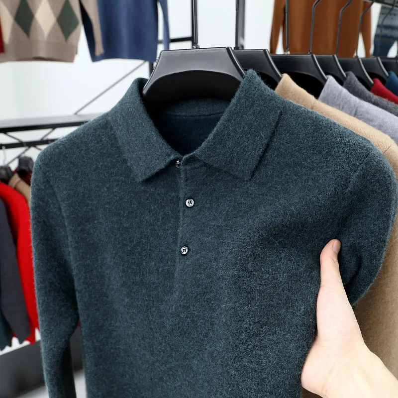 Men's turn-over collar polo shirt knitwear in fancy twill camel colour long sleeve pullover