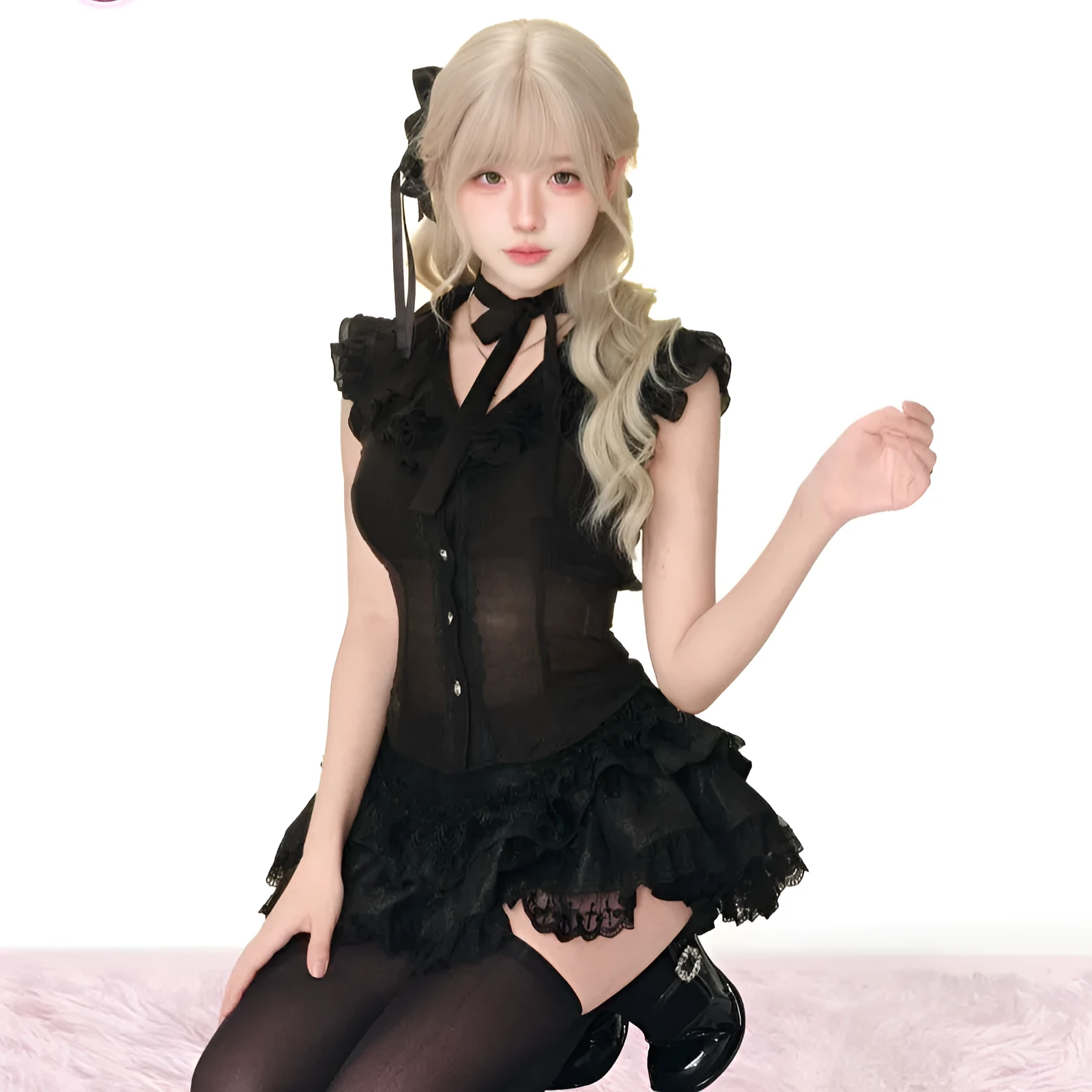 Black micro transparent top, lace cake dress, and knitted shawl three-piece Gothic set for women, summer style, Asian sizes
