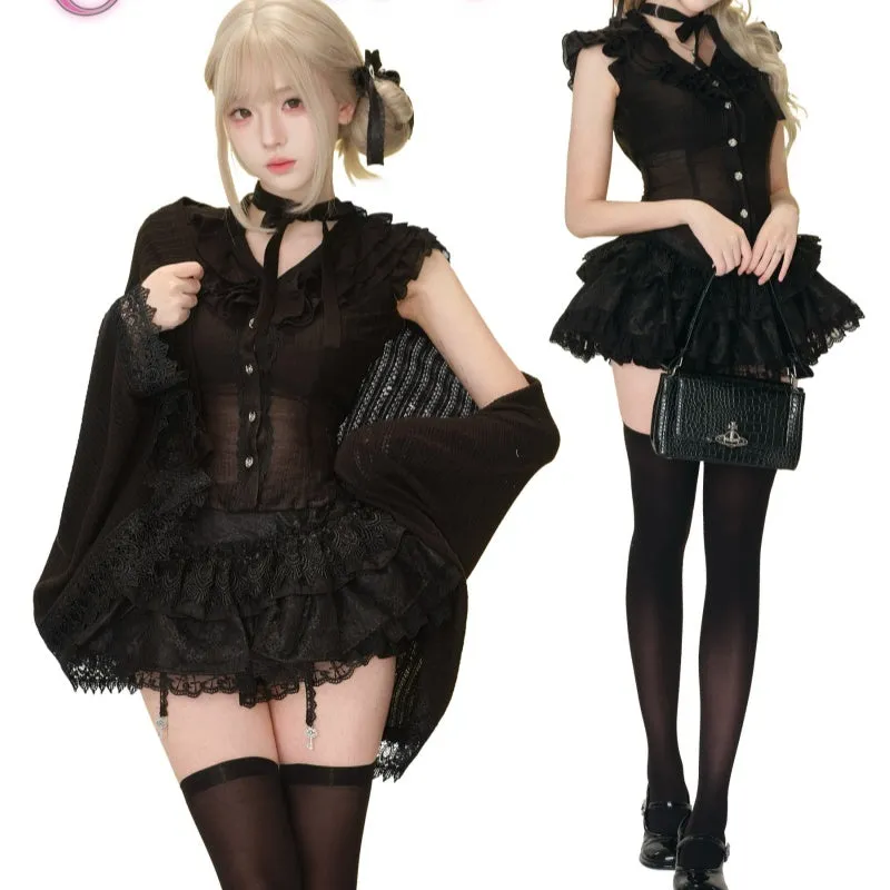 Black micro transparent top, lace cake dress, and knitted shawl three-piece Gothic set for women, summer style, Asian sizes