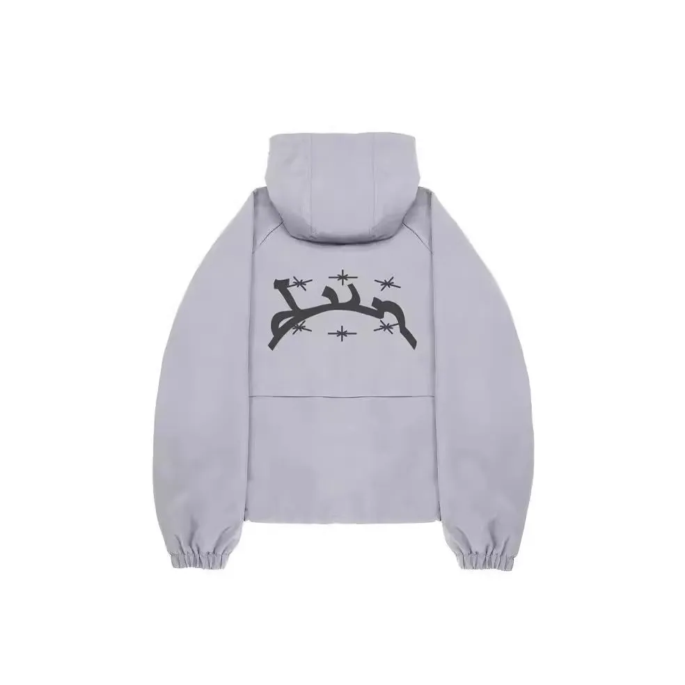 Men's British style hooded jacket in grey polyester fabric with loose fit design